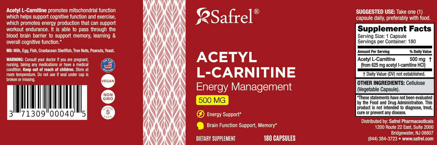 Safrel Acetyl L-Carnitine (ALCAR) 500 mg Capsules, 180 Count