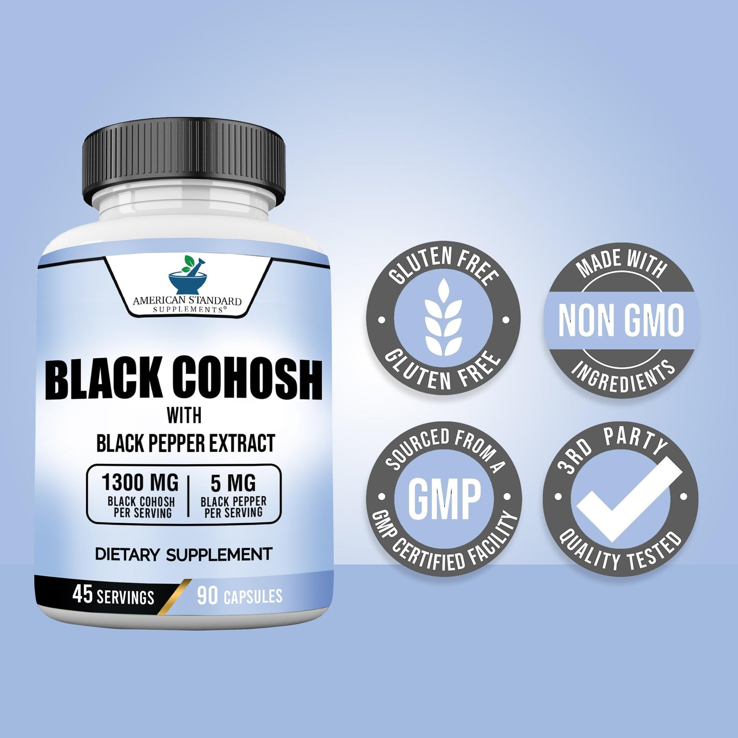 American Standard Supplements Black Cohosh 1300mg Per Serving with Black Pepper Fruit Extract, Vegan, Gluten Free, Non-GMO, 90 Capsules