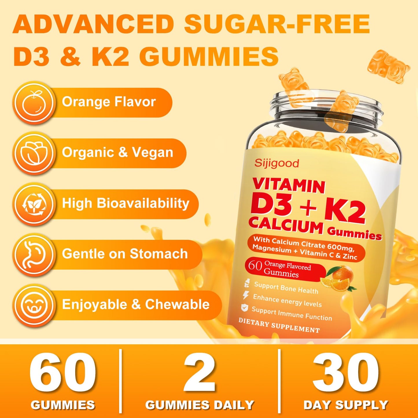 Sijigood 6-in-1 Vitamin D3 K2 Gummies, Sugar Free, 60 Count