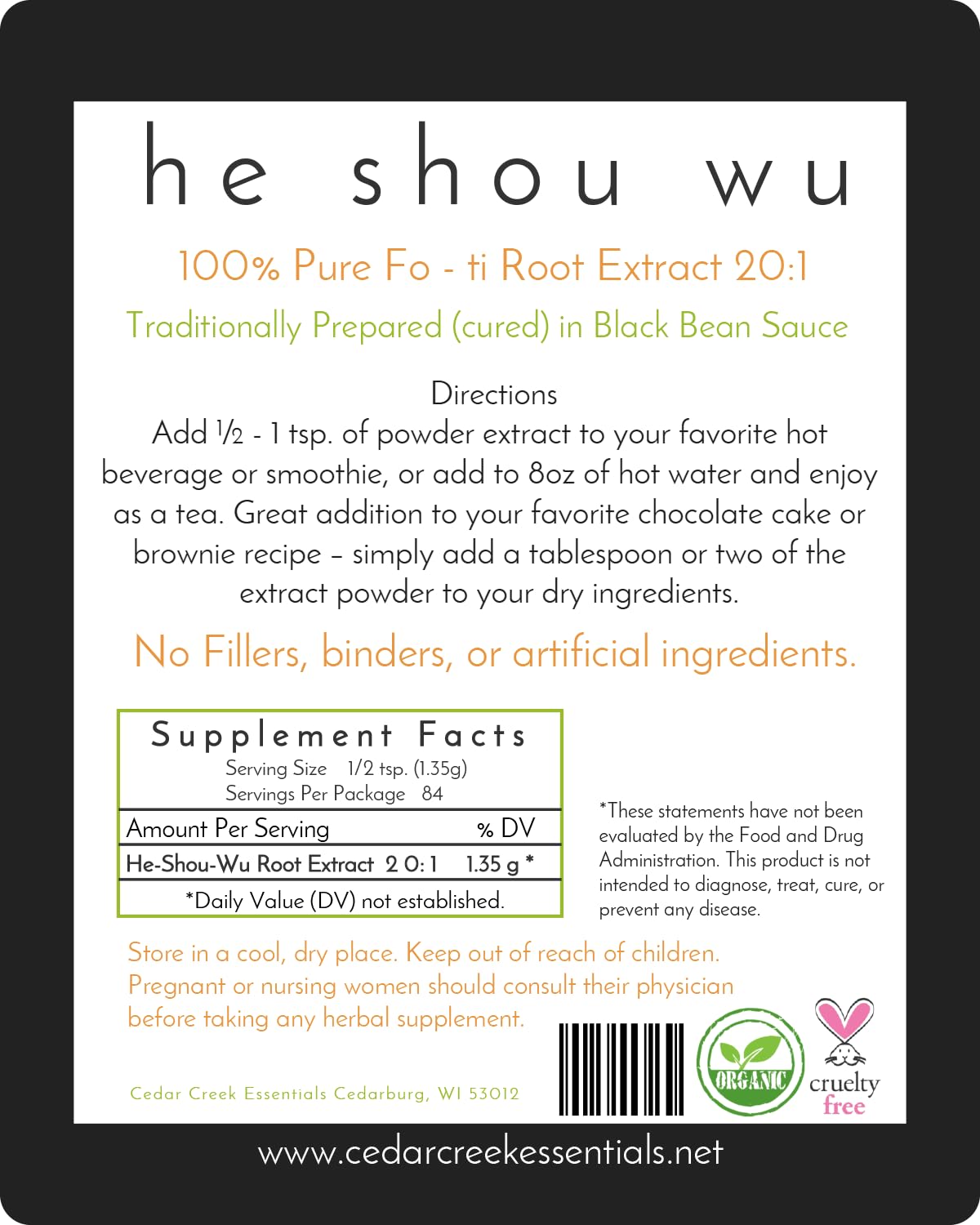 Cedar Creek Essentials Fo-ti Root Extract Organic He Shou Wu 20:1 Cured Powder Concentrate 4 Ounce