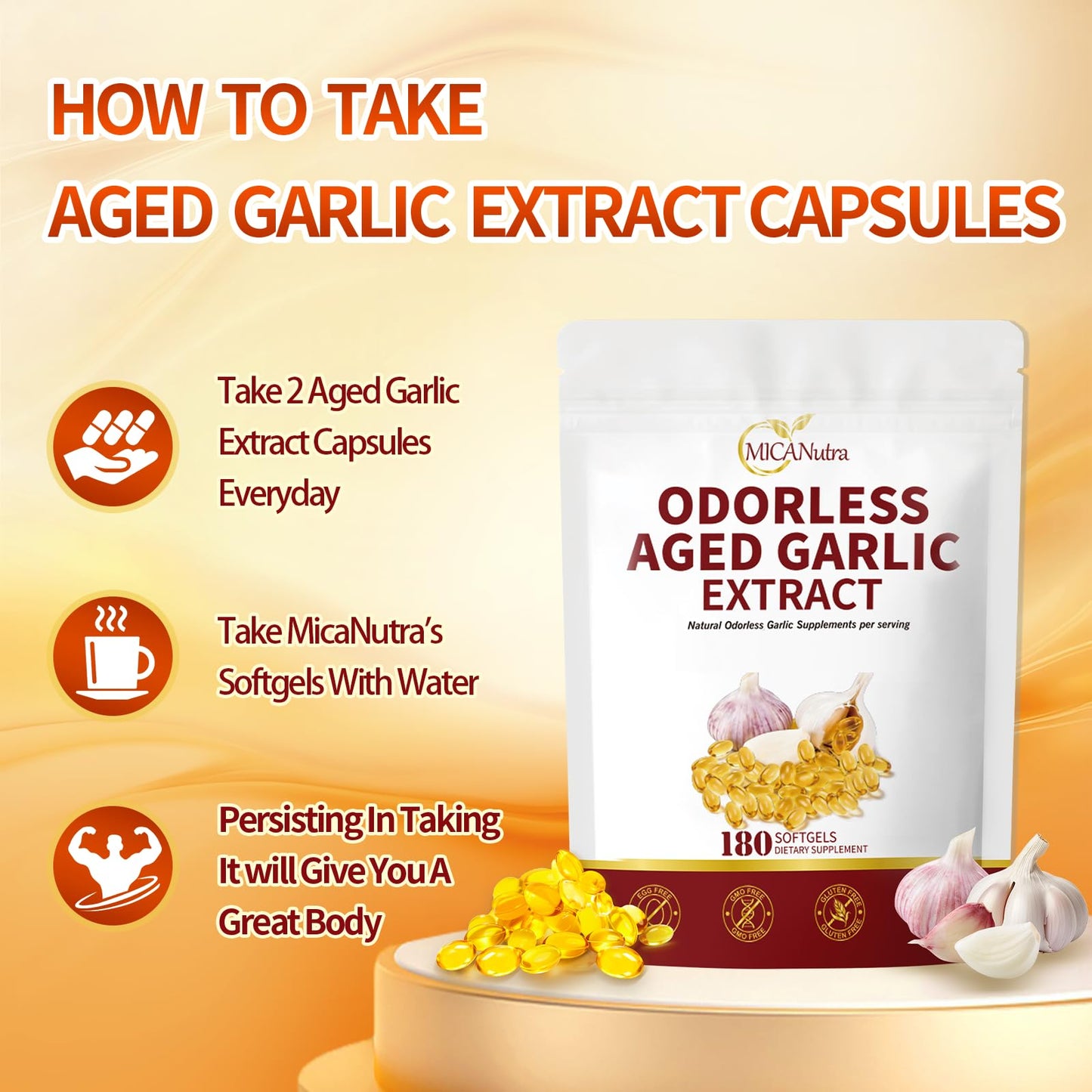 MicaNutra Aged Garlic Extract Capsules, Odorless Garlic Supplements with Magnesium, Chromium, B1 & B9, Supports Immune Health & Heart Function| 2 Years Matured, 1 Capsule