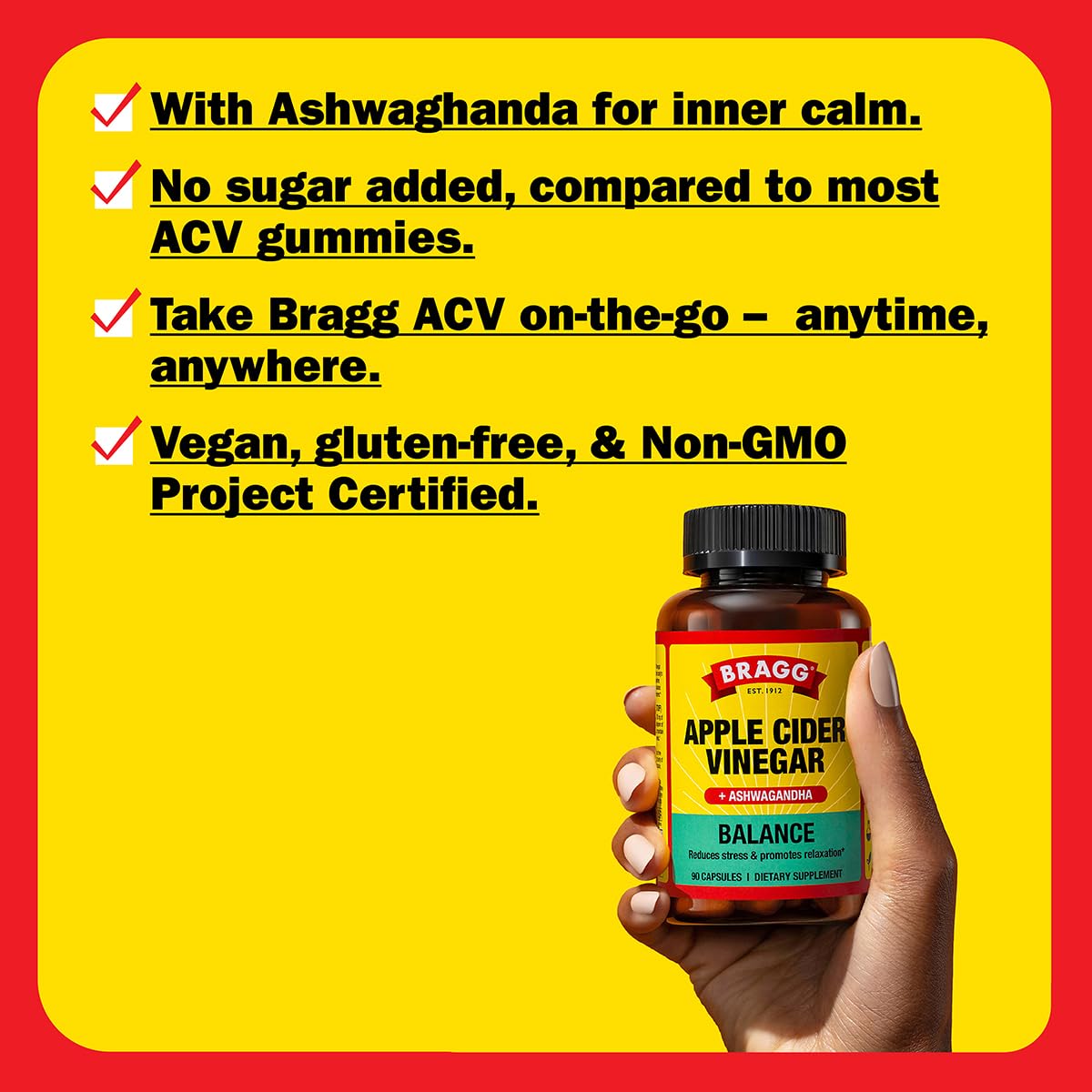 Bragg Apple Cider Vinegar Capsules with Vitamin D and Zinc Balance and Ashwagandha, 270 Count