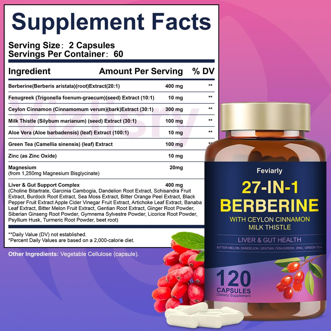 Feviarly Berberine Complex with Ceylon Cinnamon & Milk Thistle - 27-in-1, 120 Capsules