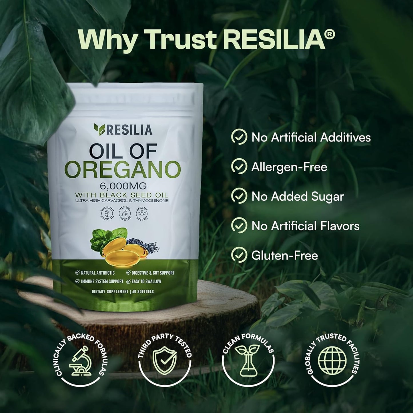 Resilia Oregano Oil Capsules 6000mg with Black Seed Oil – Organic Oregano Oil for Immune & Digestive Support, Non-GMO, Gluten-Free, 60 Capsules
