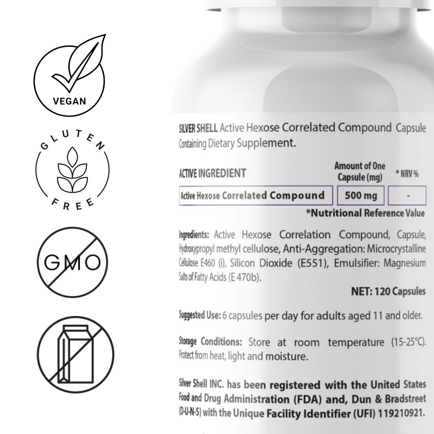 Silvershell Active Hexose Correlated Compound Supplements Capsules 120 Organic Shiitake Mushroom Extract, Vegan, Immune Support, Non-GMO & Gluten-Free