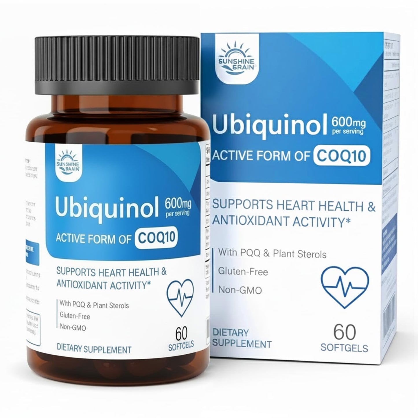Sunshine & Rain Ubiquinol CoQ10 600mg with PQQ, Vitamin E & Plant Sterols – High Absorption Formula with Black Pepper & Sunflower Lecithin – Heart Health, Energy Production & Antioxidant Support Softgels 60