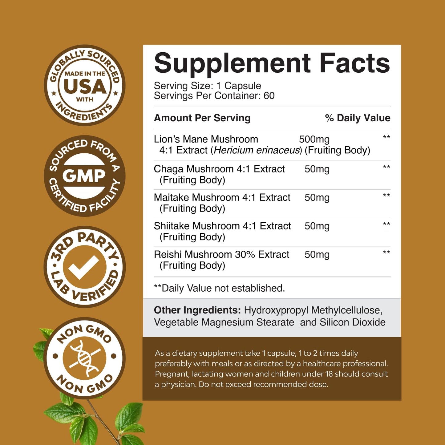 Natures Craft Lion's Mane Mushroom Supplement Capsules, 60 Capsules