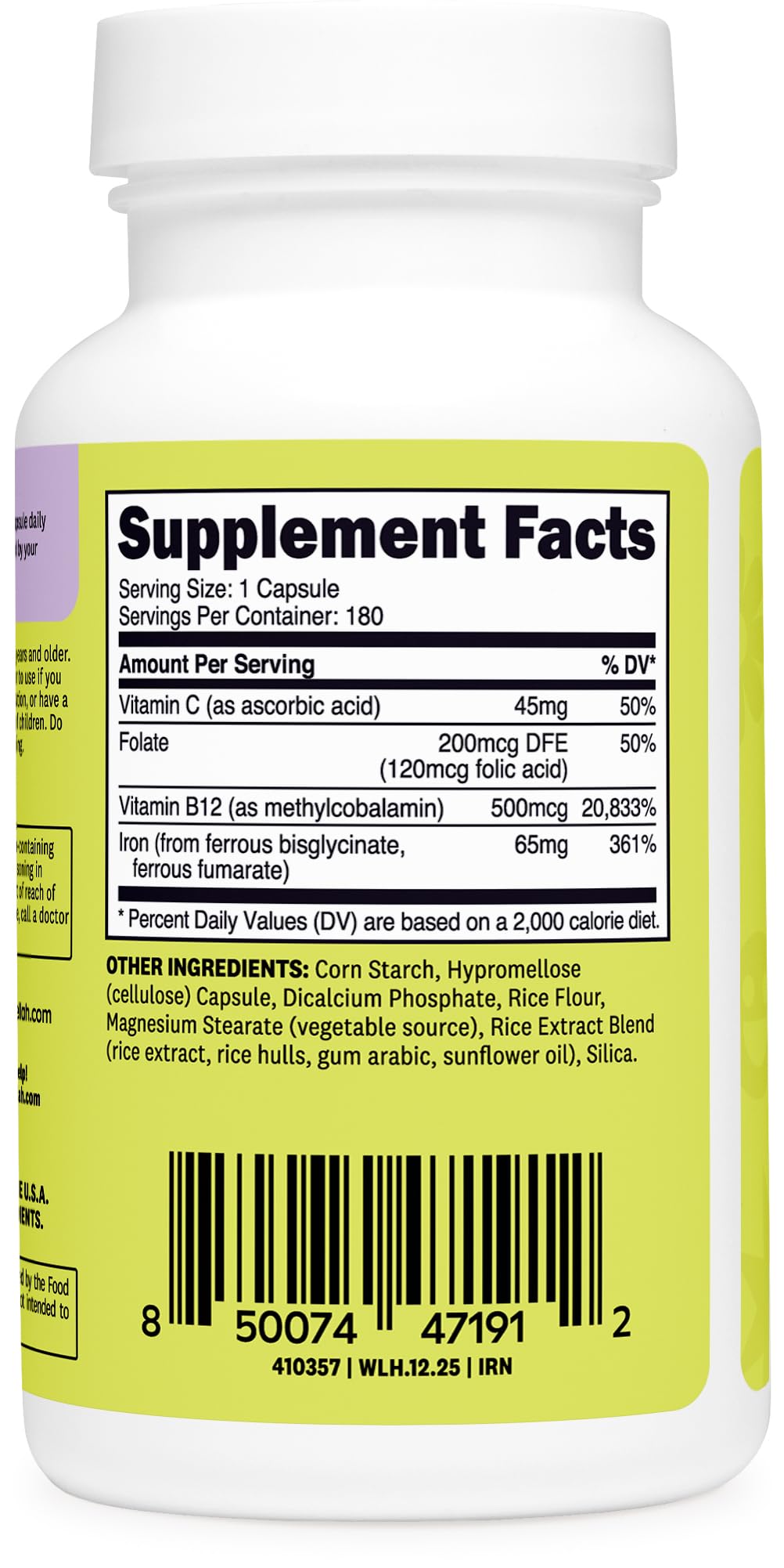 Wellah Iron Supplement for Women 65mg Capsules, 180 Count