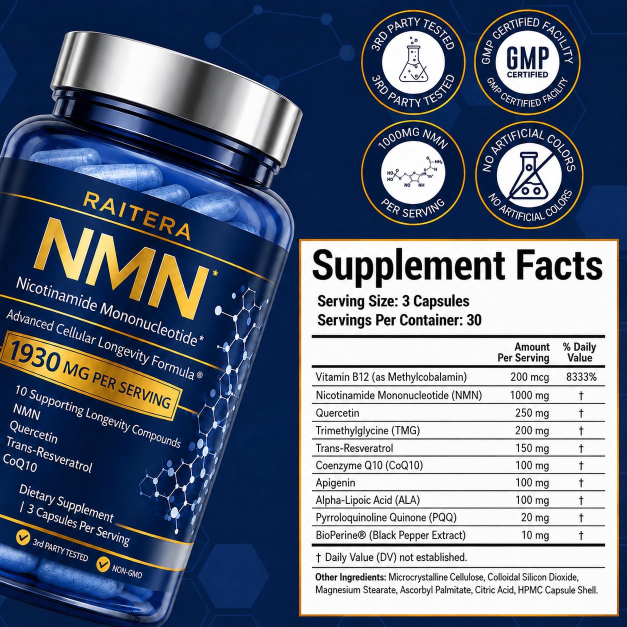 Raitera NMN Supplement 1000mg – 10-in-1 Advanced NAD+ Support with Quercetin, TMG, Resveratrol, ALA, CoQ10 & Apigenin – NMNH Alternative for Women & Men – Supports Cellular Energy & NAD+ Levels, 90 Capsules