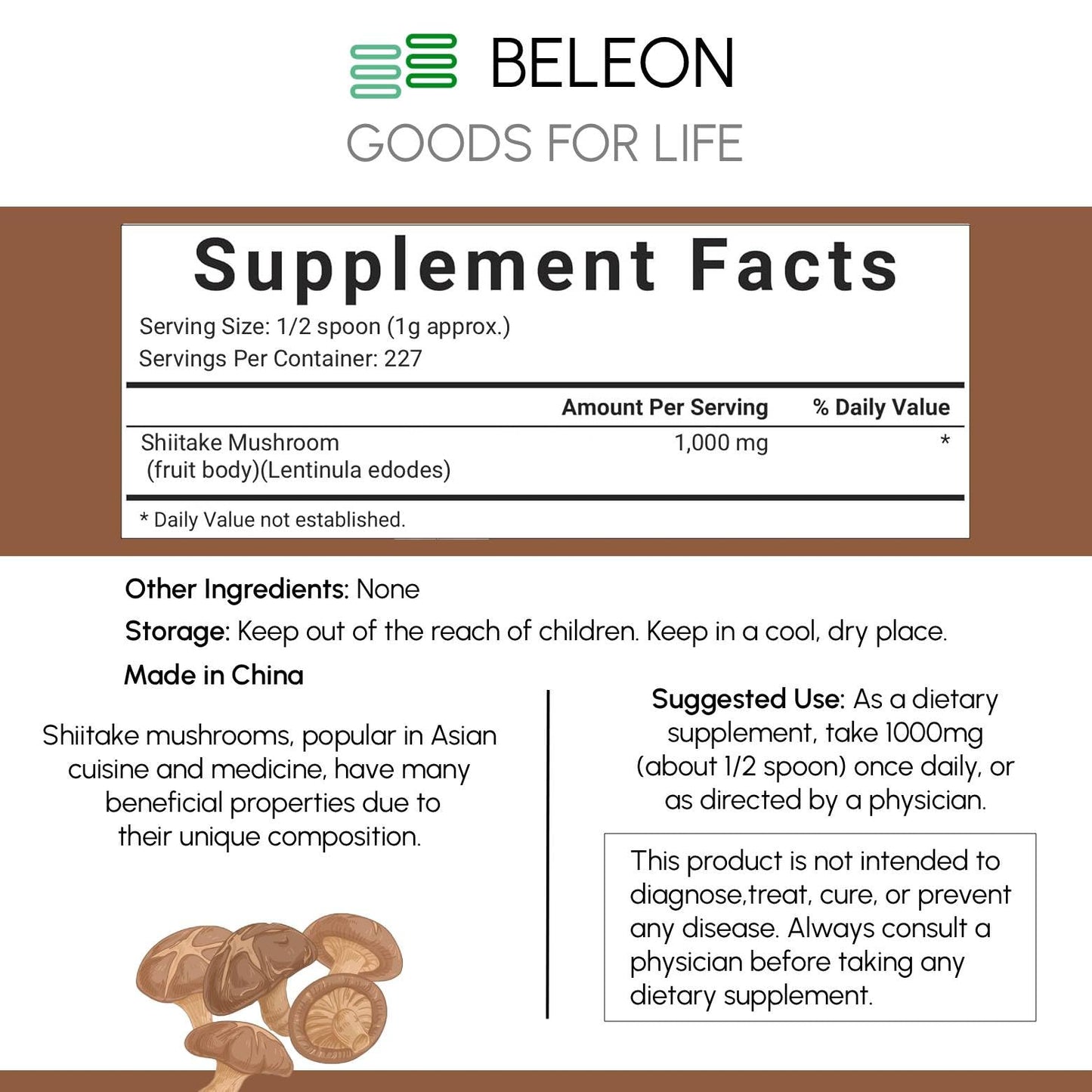 Beleon Goods For Life Shiitake Mushroom Powder 8 oz