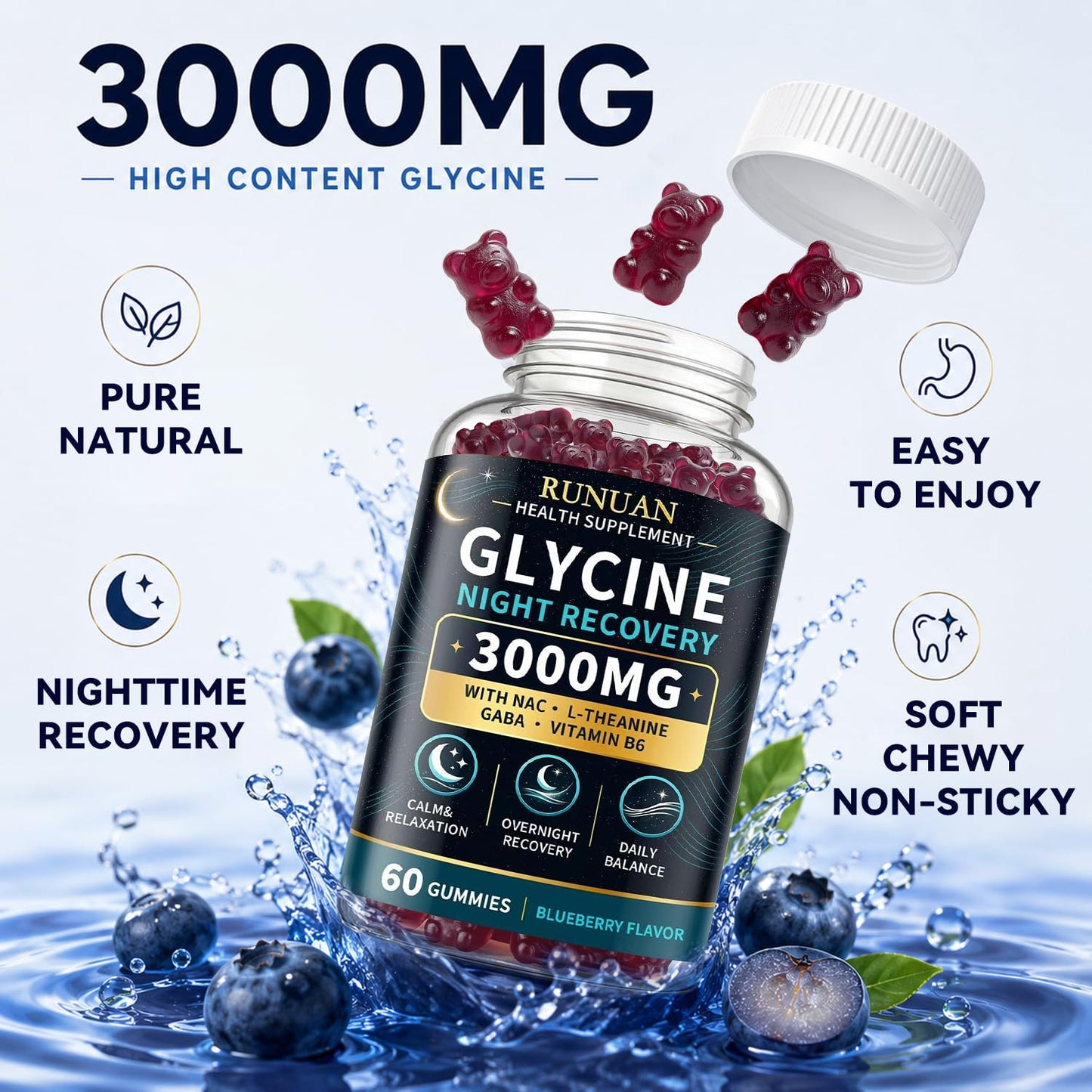 RUNUAN Glycine Sleep Support Gummies 3000mg with NAC, L-Theanine, GABA & B6, 60 Count