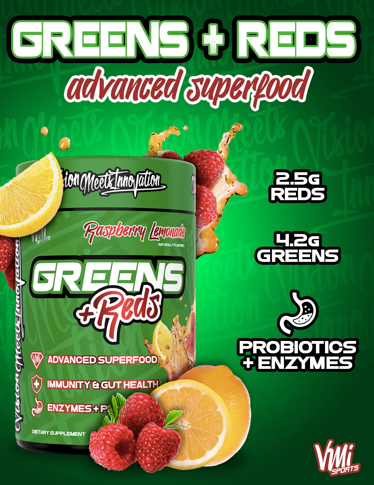 VMI Sports Greens + Reds Advanced Superfood Immunity and Gut Health (Dragon Fruit) Powder 8.68 Ounce