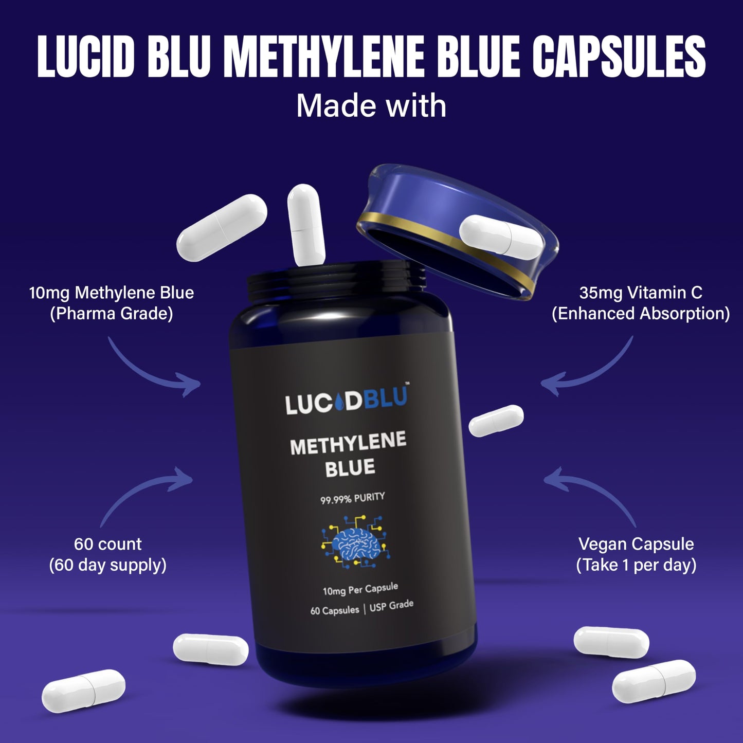 Lucid Blu Methylene Blue Capsules (USP) 10mg with Added Vitamin C, 99.99% Purity, Vegan, Halal, Kosher, 60 Capsules
