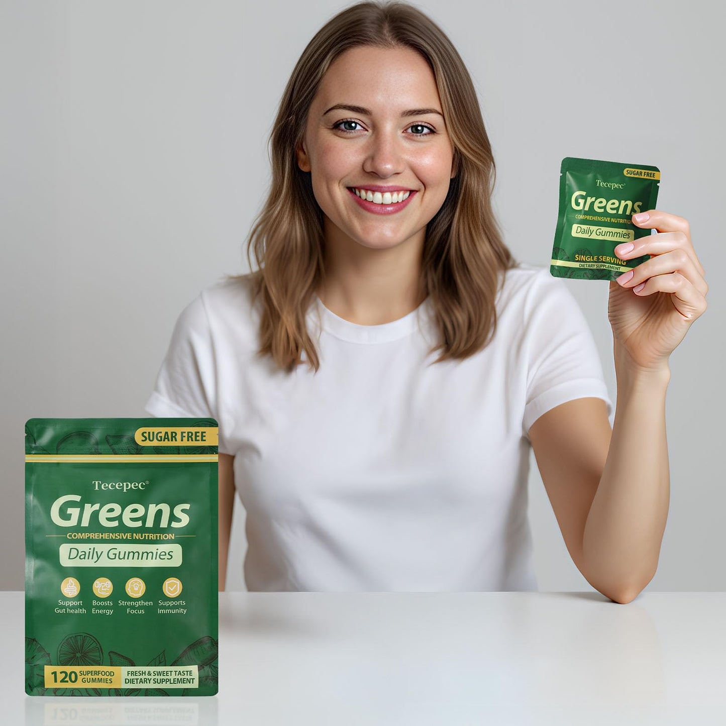 Tecepec Sugar Free Greens Daily Gummies with Spirulina & Chlorella, Prebiotics & Fiber, Adaptogens Multivitamin for Women and Men Digestive Health, Non-GMO, 120 Gummies
