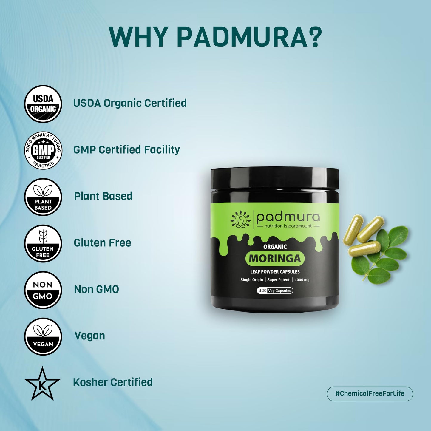 PADMURA Organic Moringa Oleifera Leaf Powder Capsules 1000mg, 120 Capsules