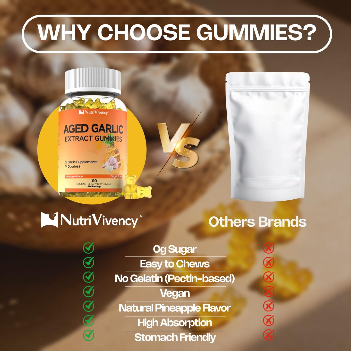 NutriVivency Aged Garlic Extract Gummies 60 Count