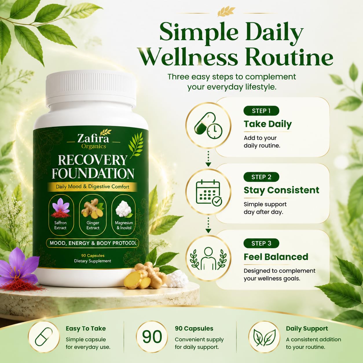 Zafira Organics Recovery Foundation Supplement with Saffron Extract, Ginger Extract, Magnesium & Inositol Complex 90 Capsules