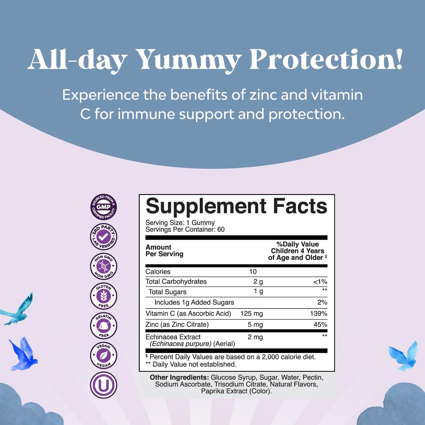 Natures Craft Kids Immunity Support Gummy Vitamin C with Zinc and Echinacea Immune Booster, Vegan Gluten Free & Gelatin Free Chewable, 60 Count