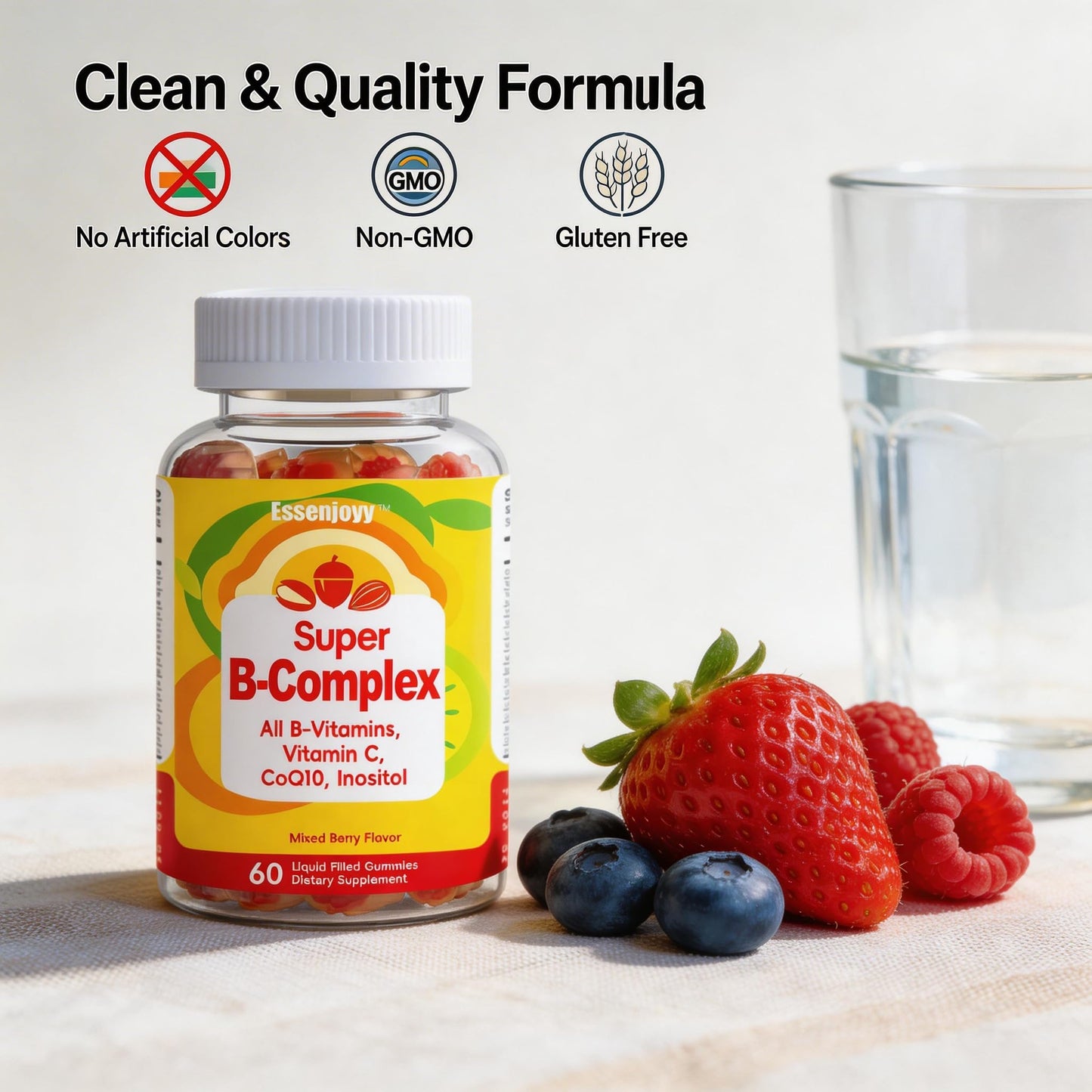 ESSENJOYY Liquid-Filled B-Complex Gummies with Vitamin C, CoQ10 & Inositol, Juicy Berry Flavor, 120 Gummies