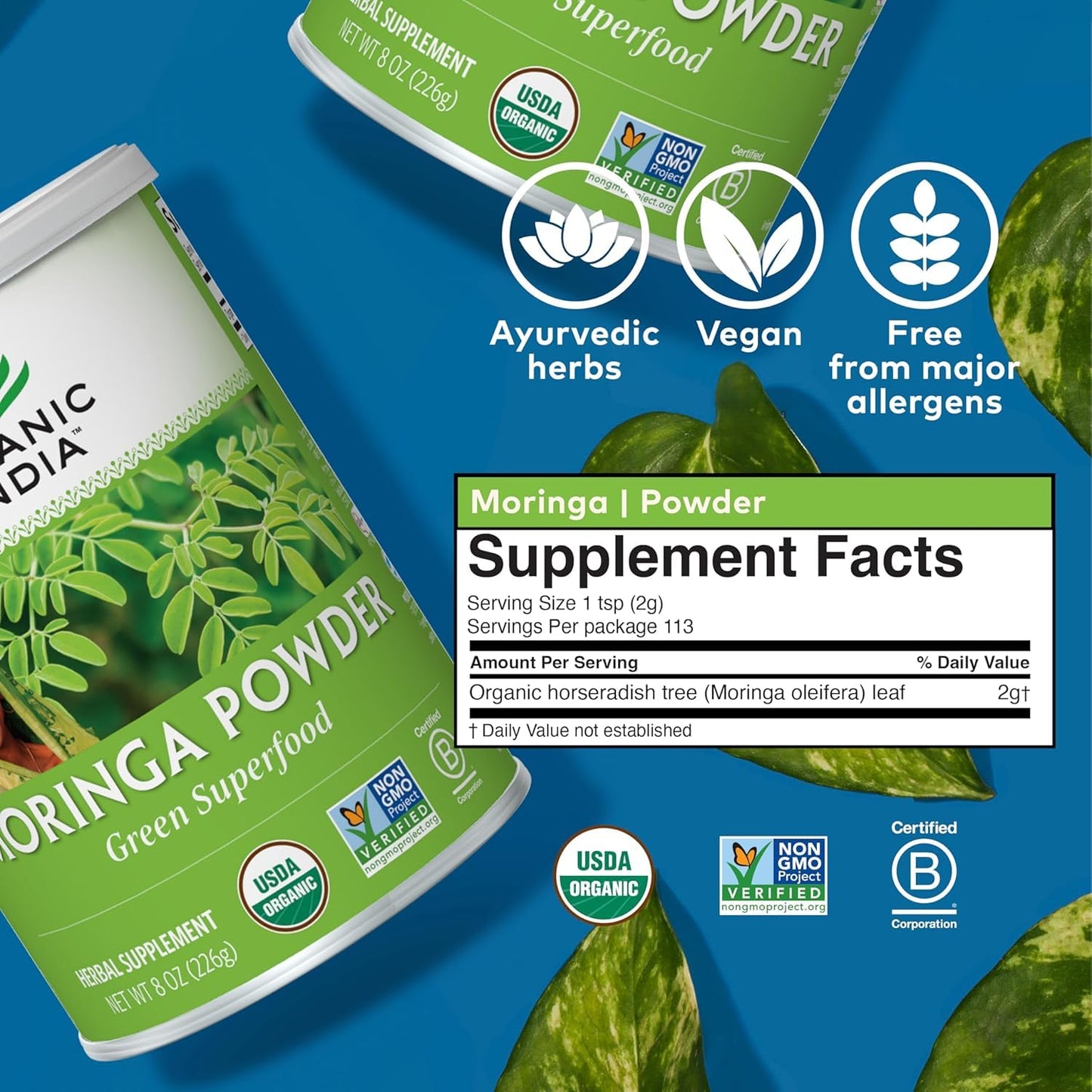 ORGANIC INDIA Moringa Powder - Moringa Oleifera Leaf Herbal Supplement, 16-Count