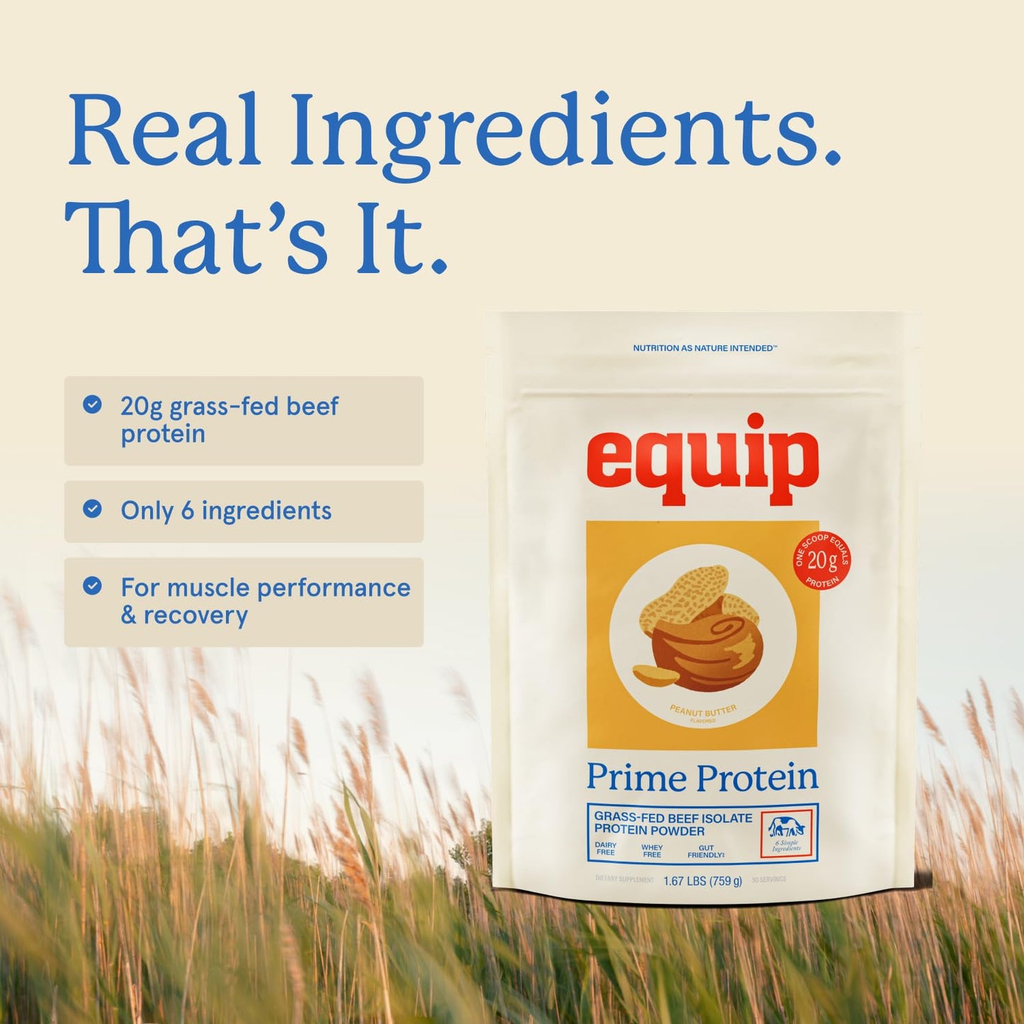 Equip Prime Protein Powder - Beef Protein Isolate, Grass-Fed, Carnivore, Paleo & Keto Friendly, Gluten & Dairy Free - 30 Servings, Peanut Butter