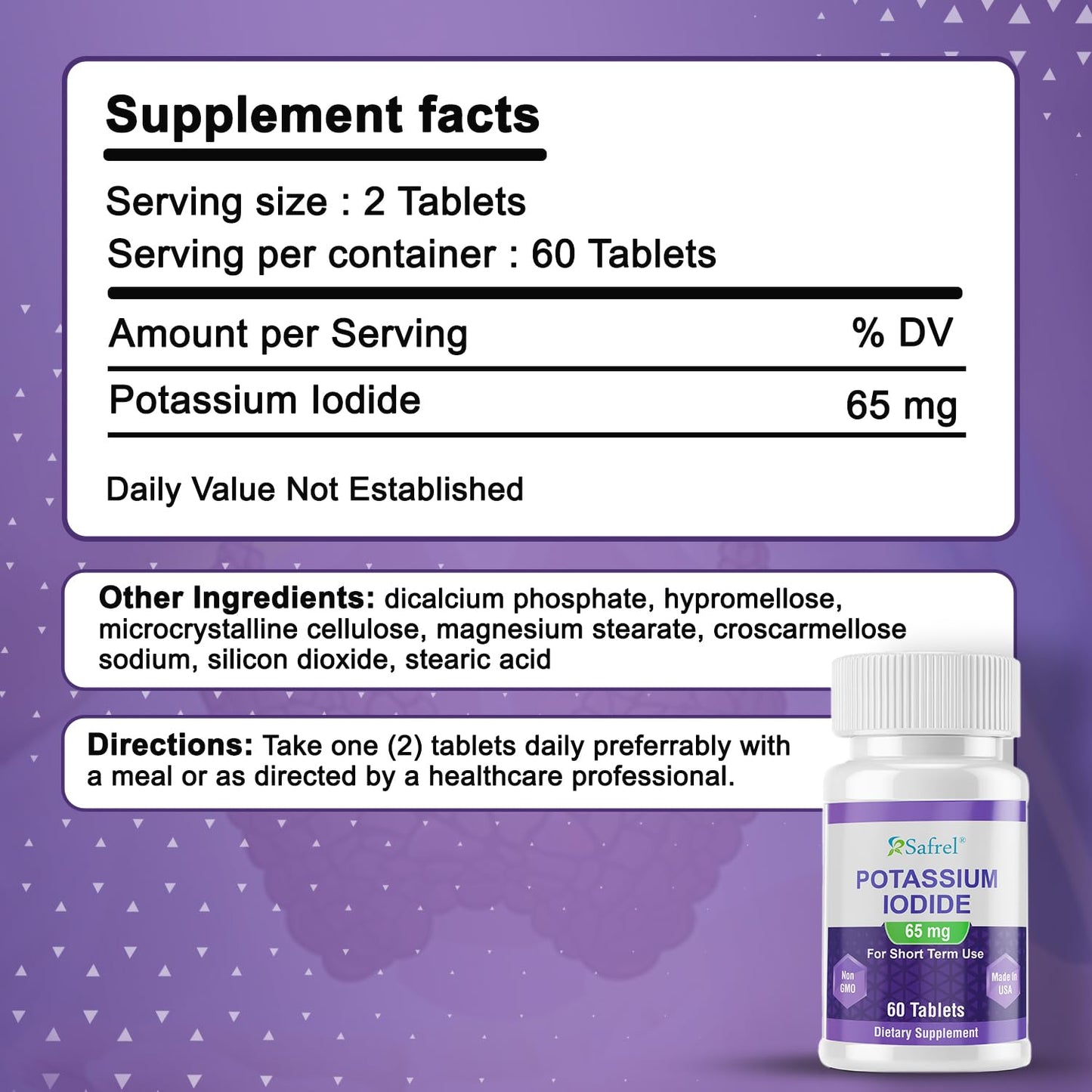 Safrel Potassium Iodide 65 mg per Serving Capsule, 60 Count