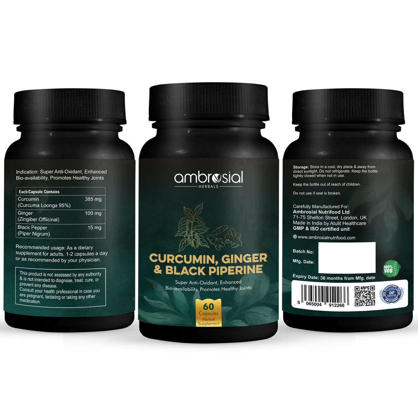 AMBROSIAL Curcumin with Piperine (Black Pepper) & Ginger Capsule 60 Count