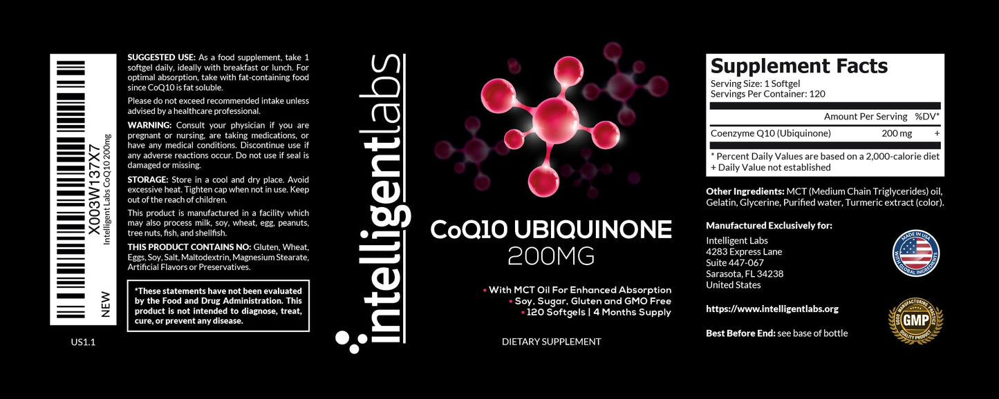 Intelligent Labs CoQ10 Ubiquinone 200mg with MCT Oil Heart Health Support Softgel 120