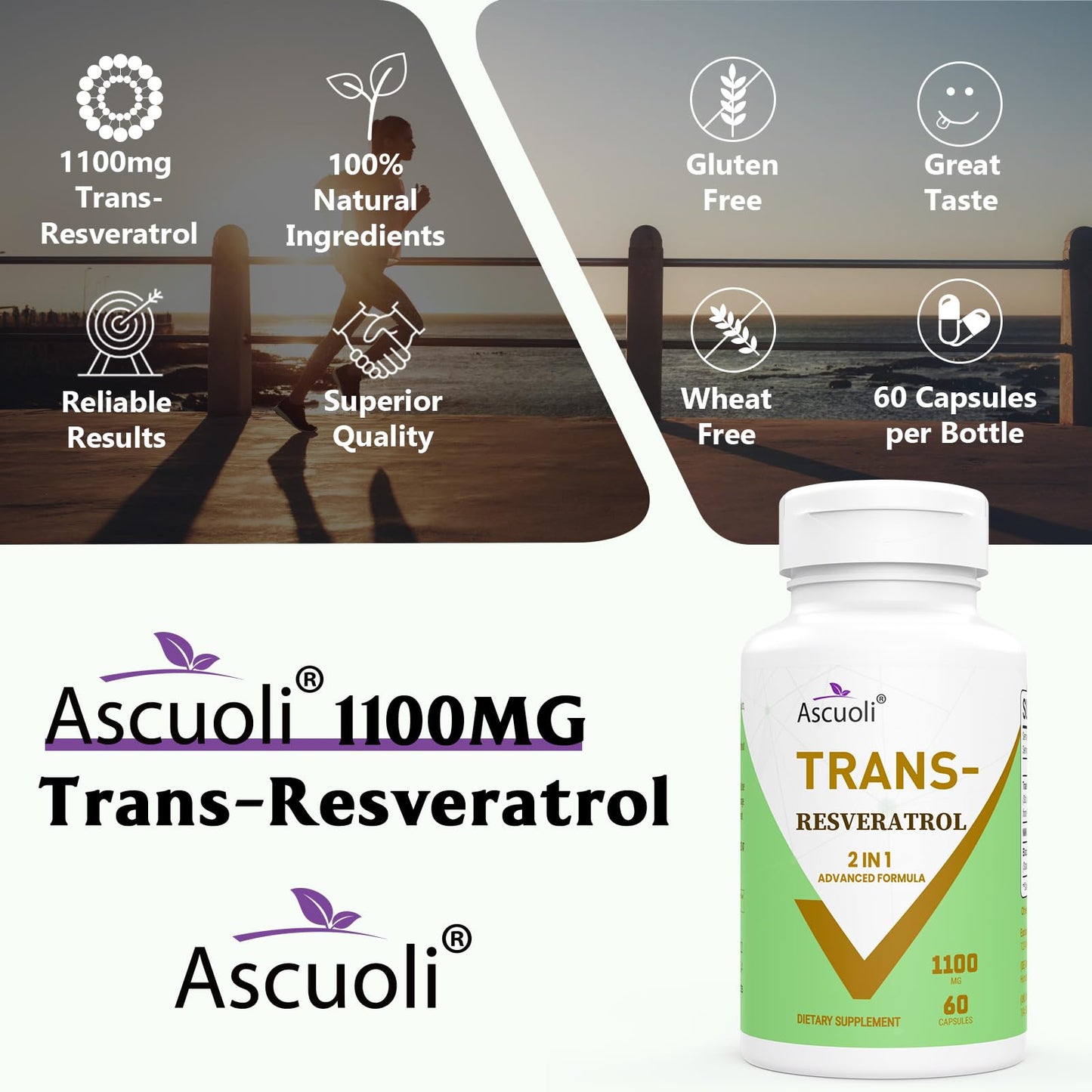 Ascuoli 99% Ultra Purity Trans-Resveratrol 1100mg, 3-in-1 Advanced Formula Organic Resveratrol Supplement, Capsule, 60 Count