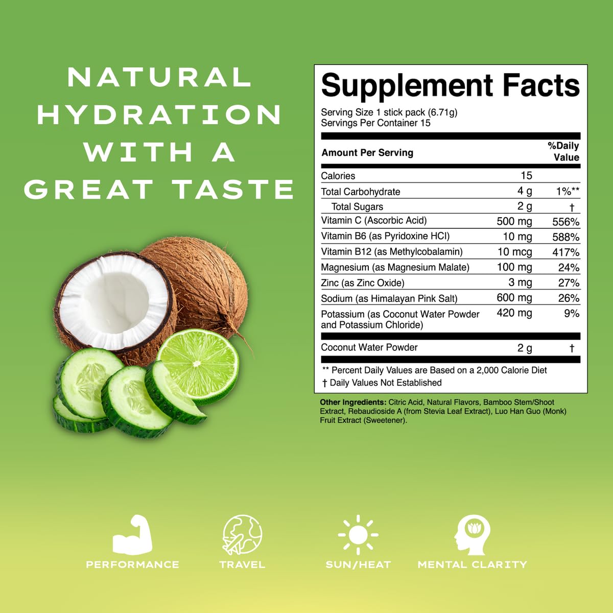 SUNLYTE Coconut Water Powder Hydration Electrolytes – Cucumber Lime 15-Pack