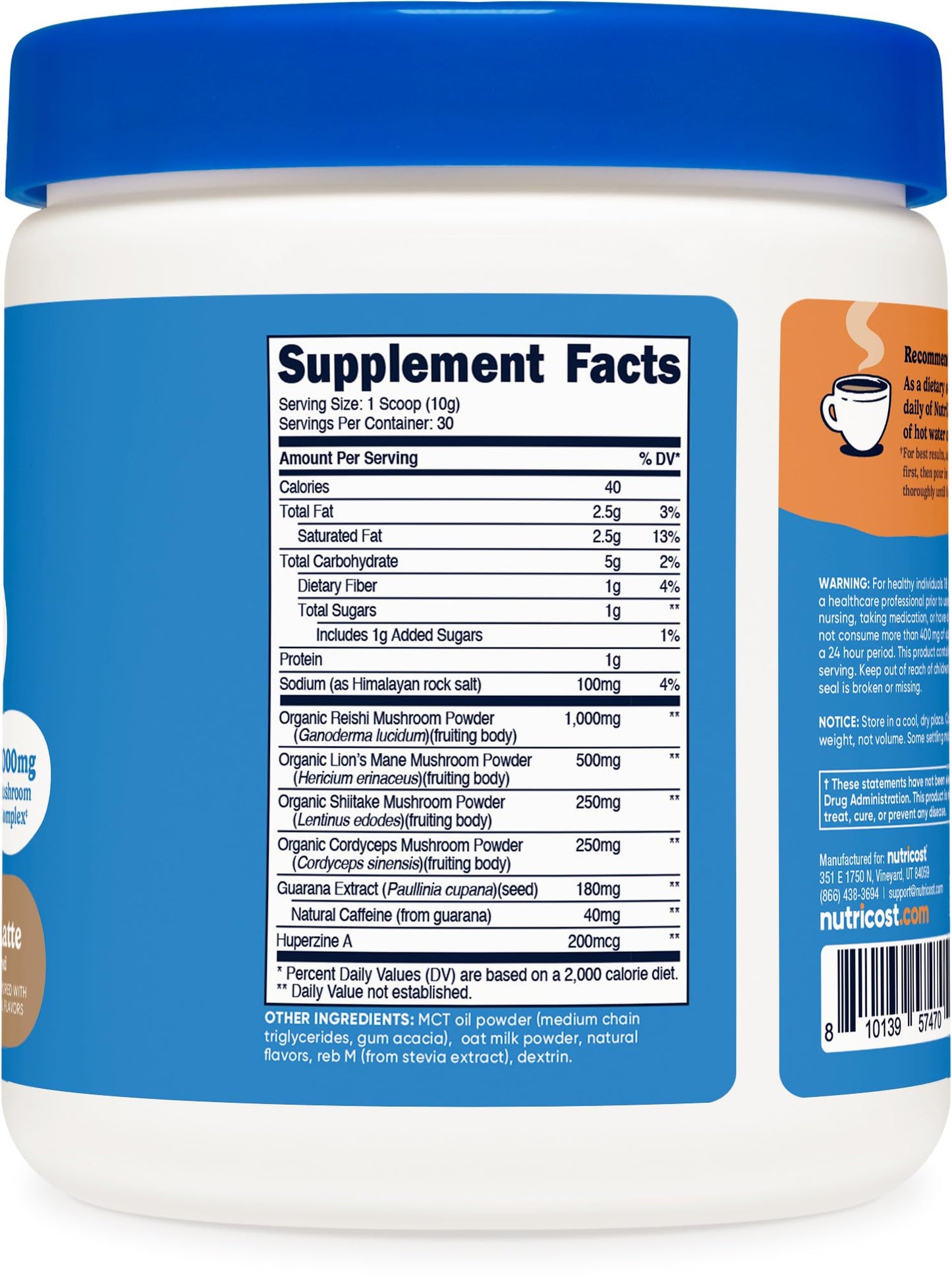 Nutricost Nutrizen AM Focus Adaptogenic Mushroom Drink (Cafe Latte) Powder 10.3 Ounce
