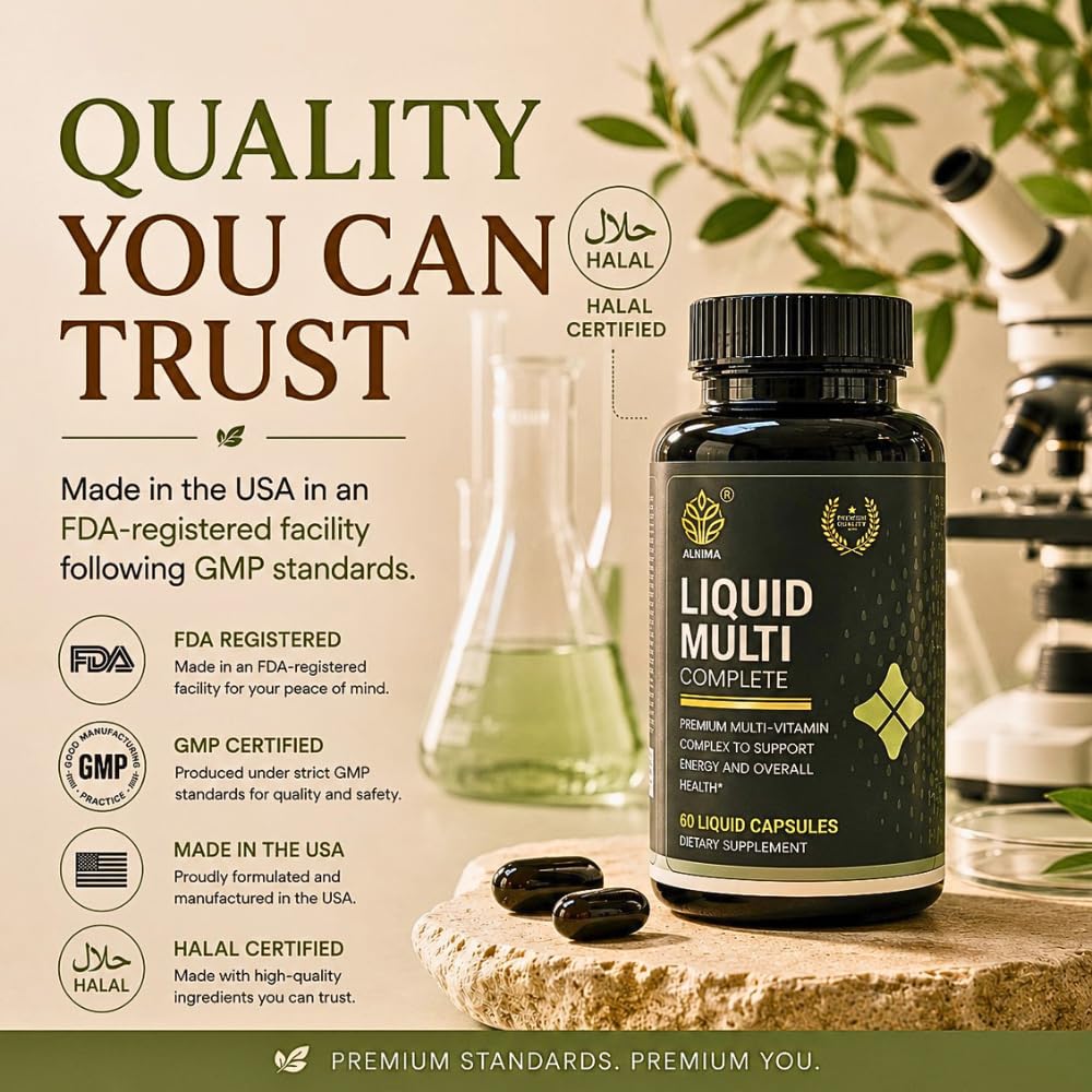 ALNIMA Halal Liquid Multivitamin Complete – Energy & Immune Support with 29 Essential Nutrients, 60 Liquid Capsules