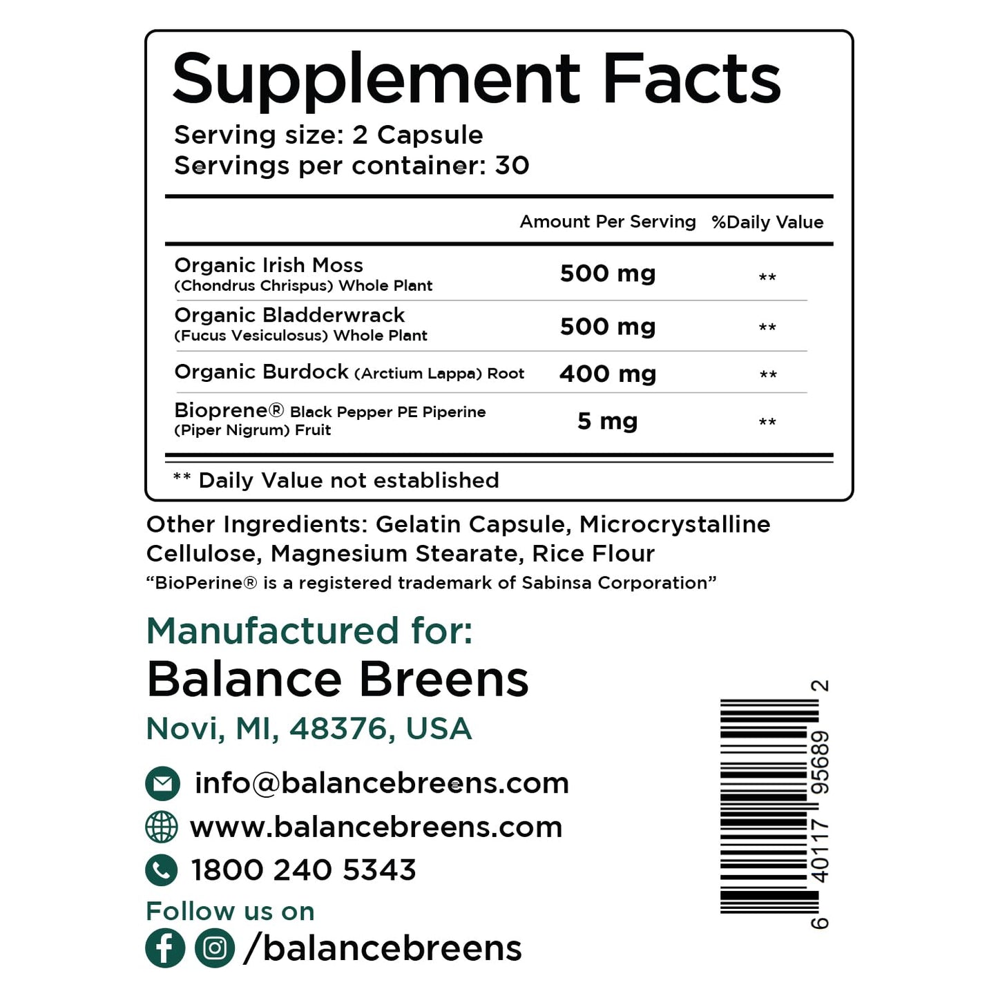 Balancebreens Organic Irish Sea Moss, Bladderwrack and Burdock Root Supplement 1405mg, 120 Veg Capsules