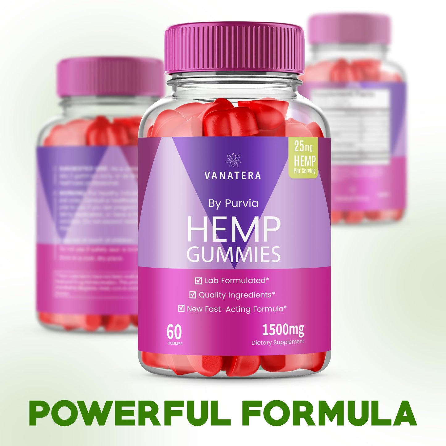 Purvia Vanatera Hemp Gummies Extra Strength Formula, 25mg Per Gummy, 1500mg Per Bottle, 300 Gummies