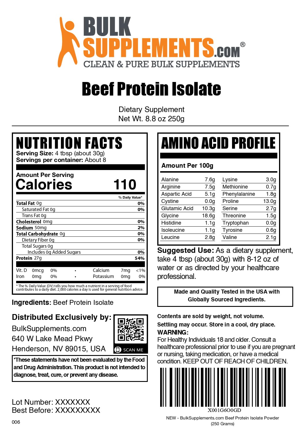 BulkSupplements Beef Protein Isolate Powder 8.82 oz