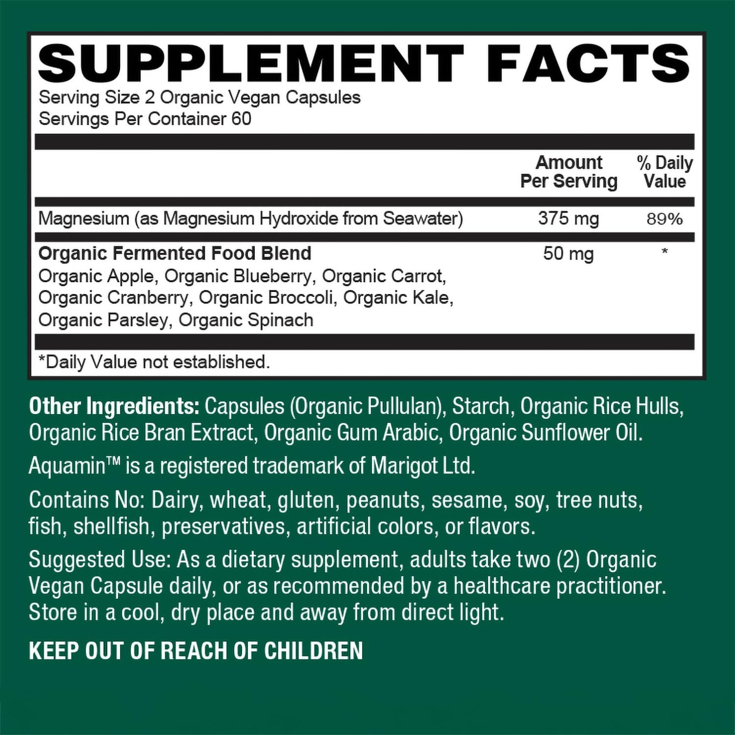 PlantFusion Vegan Magnesium Complex 375mg from Sea Water, Bioavailable Marine Magnesium with Fermented Organic Whole Food Blend, Non-GMO, Muscle & Relaxation Support, 120 Capsules