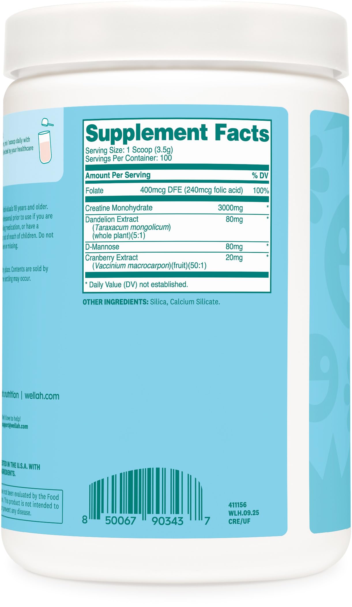 Wellah Creatine for Women Creatine Monohydrate with Dandelion & Cranberry Extract Powder 12.1