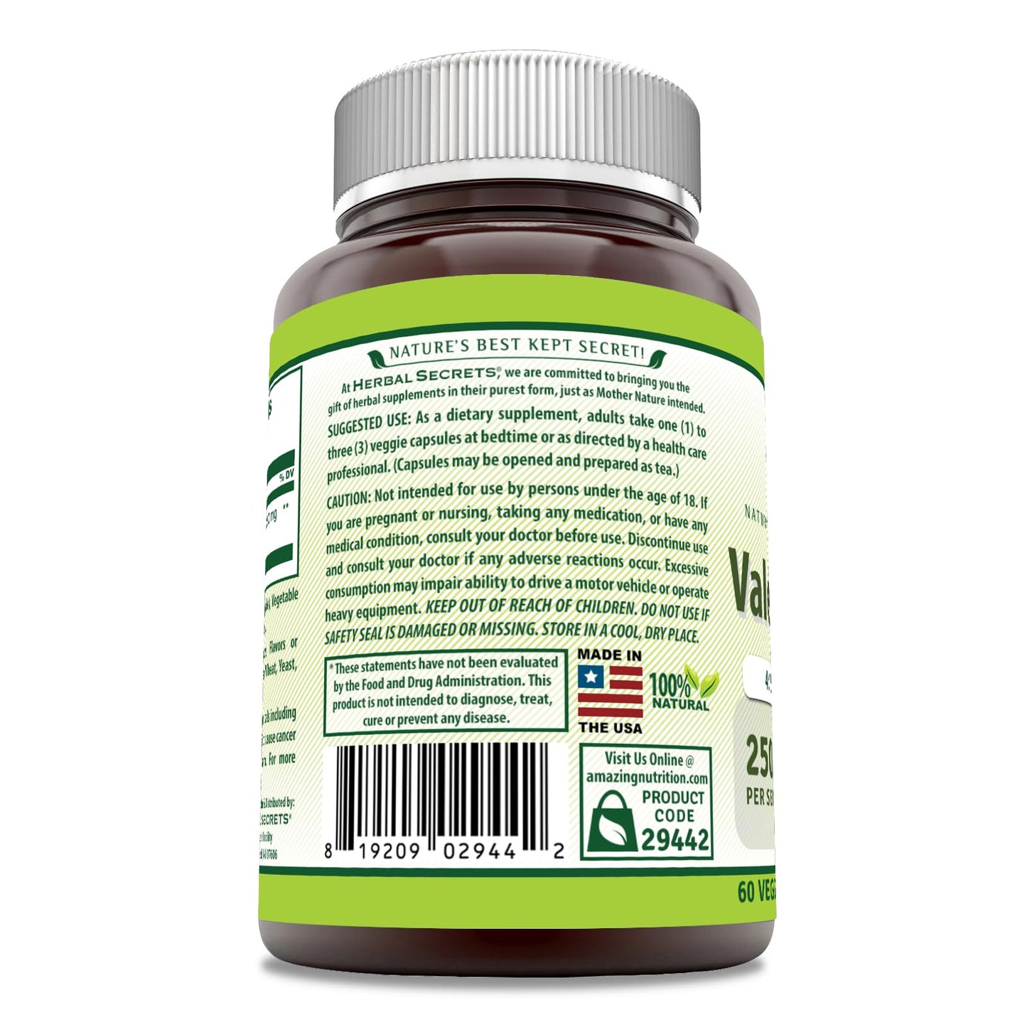 Herbal Secrets Valerian Root Extract 4:1 250 Mg Veggie Capsules, 60 Count