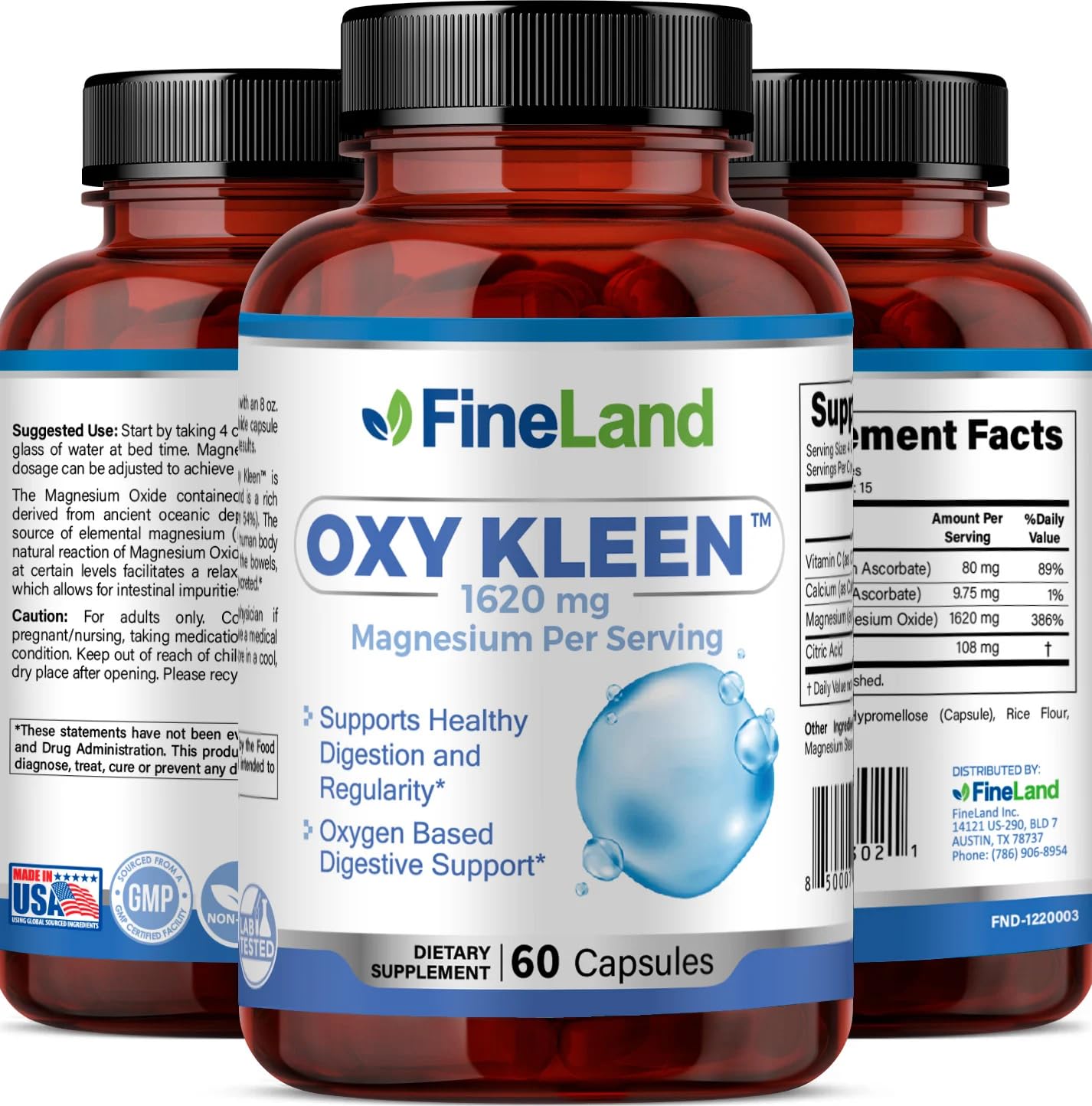 FineLand Oxy Kleen Magnesium Oxide 1,620 mg per Serving, 60 Capsules