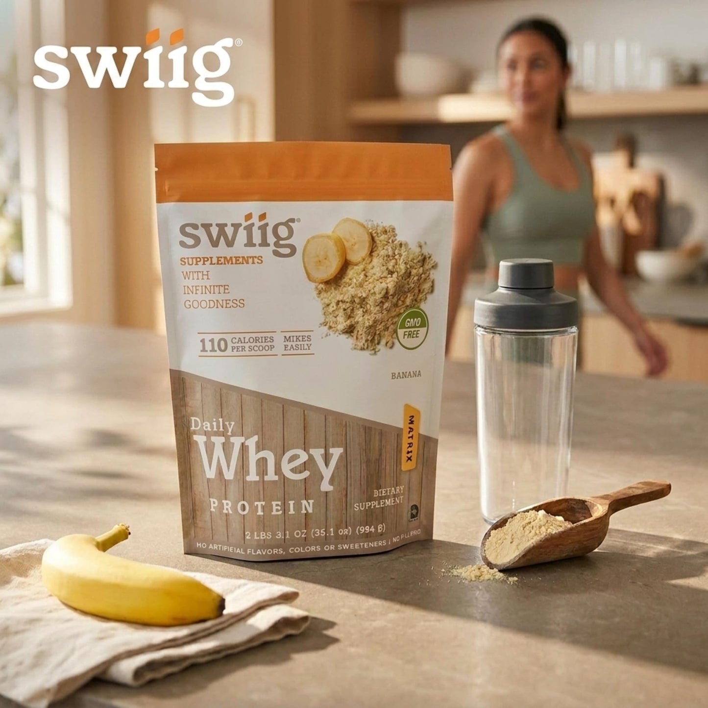swiig Premium Daily Whey Protein Powder, Banana, 2.2 lb