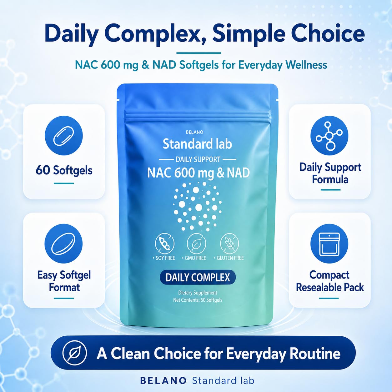 BELANO The Standard Lab NAC 600 mg & NAD Daily Formula Softgels, 60 Count