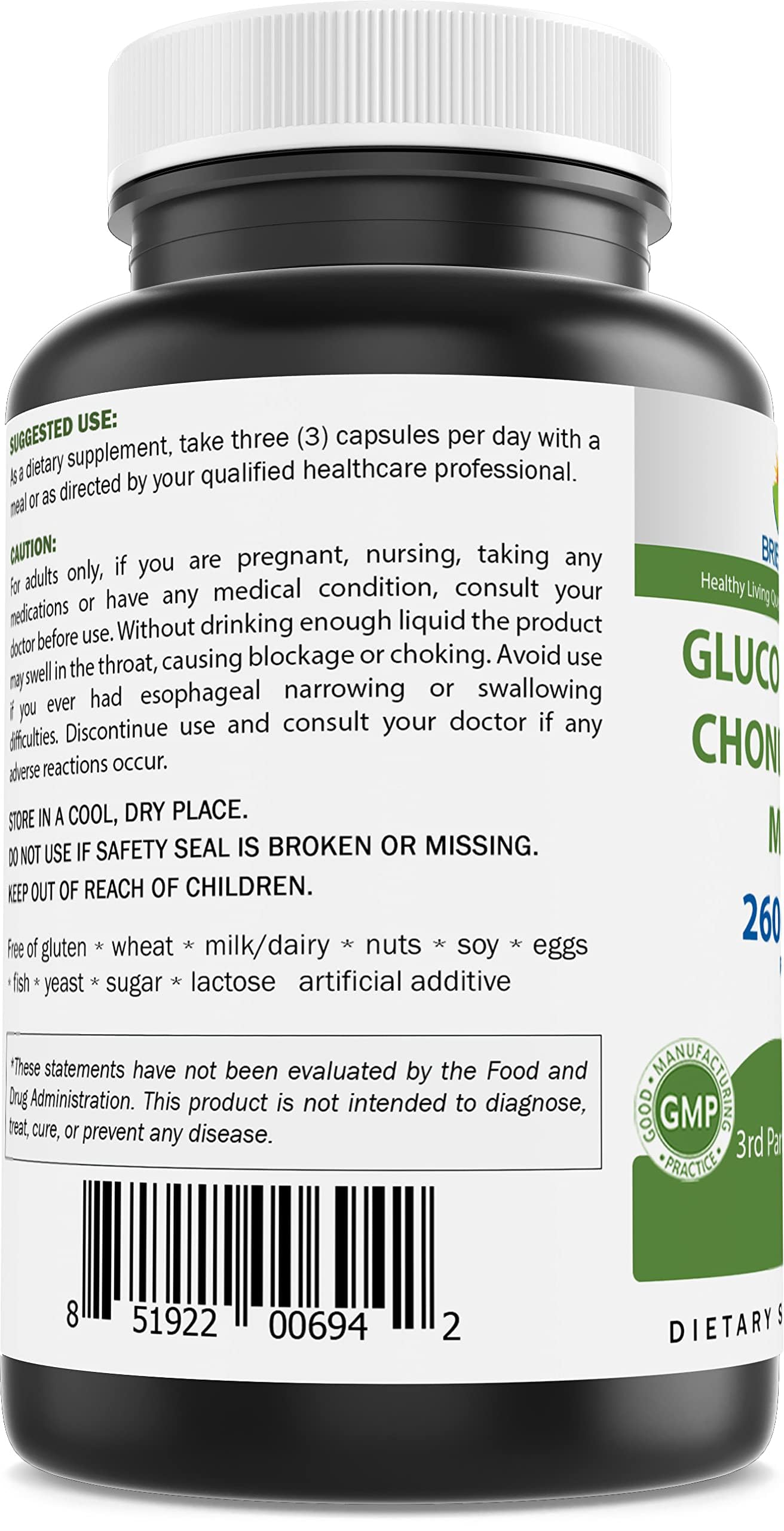 Brieofood Triple Strength Glucosamine Chondroitin MSM 2600mg/Serving Capsules, 180 Count