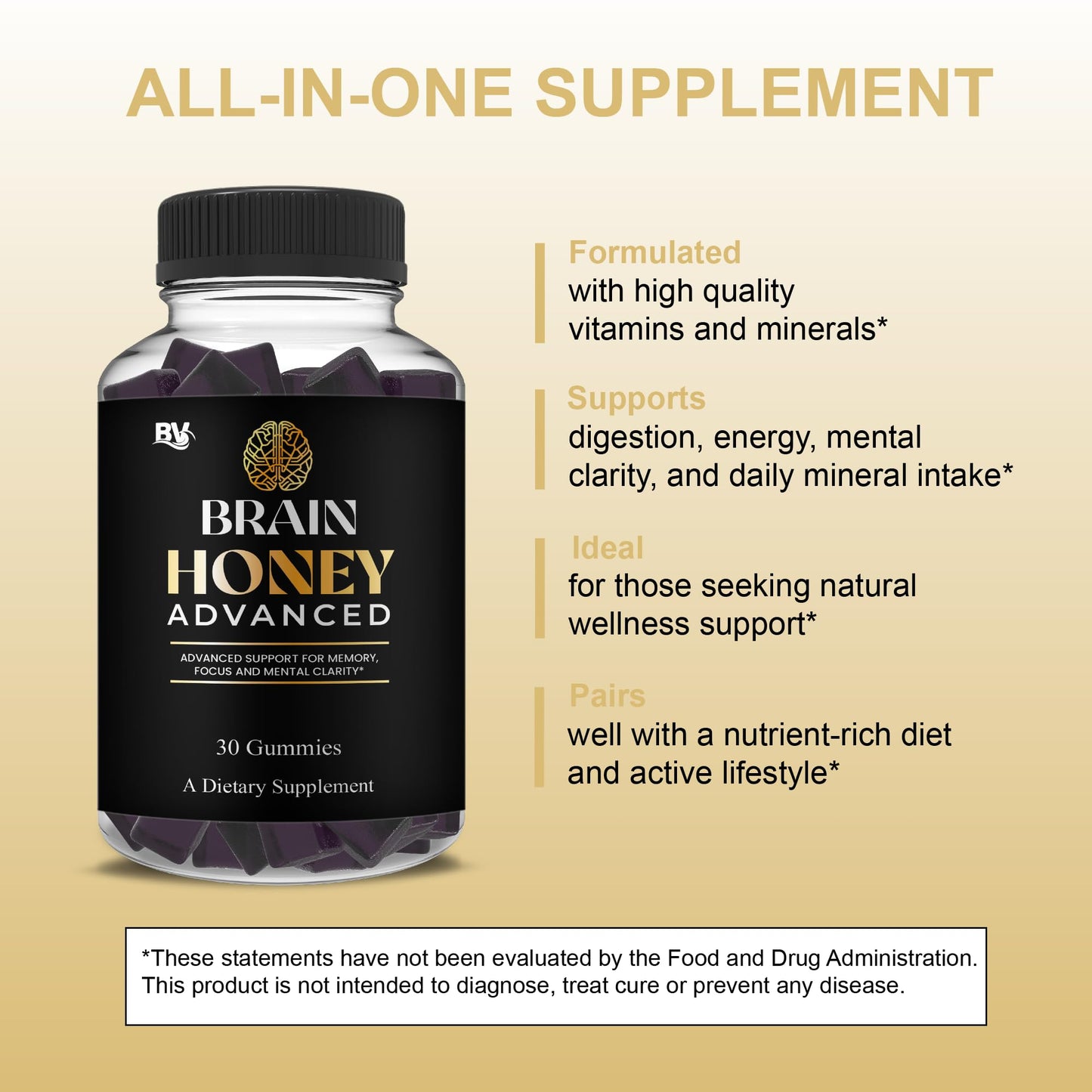BLUE VIBE Brain Honey Advanced Nootropic Support Supplement Gummy, 30 Count