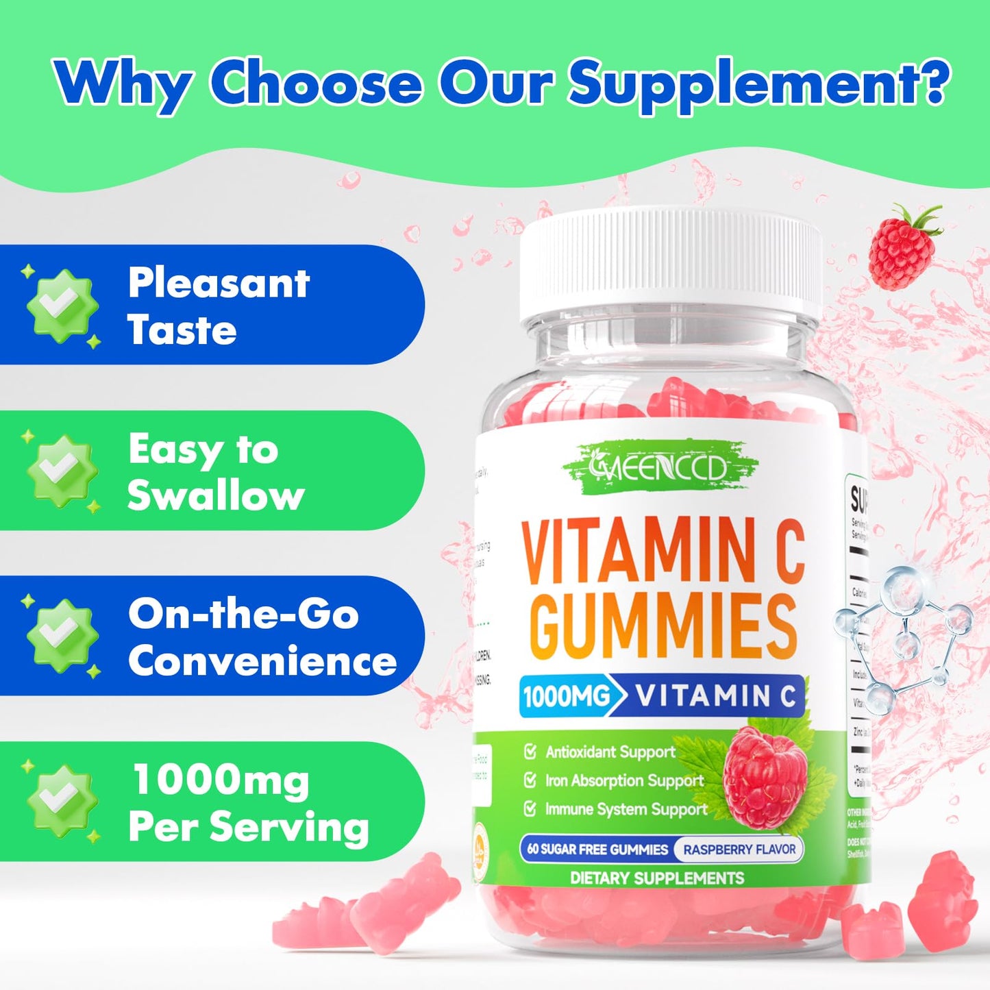 MEENCCD Organic Vitamin C Gummies with Zinc for Adults, Vegan, Non-GMO, Sugar-Free Raspberry Flavor, 60 Count