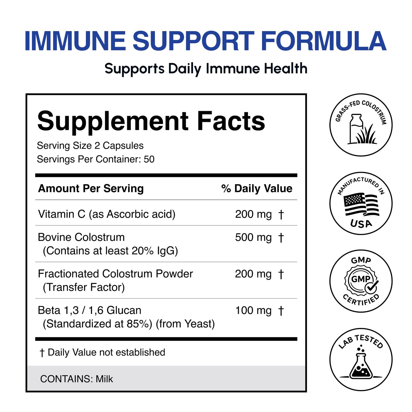 Oramune Max Support Supplement with Transfer Factor, Pure Bovine Colostrum, Beta-1, 3/1, 6-D Glucan & Vitamin C Capsules, 100 Count