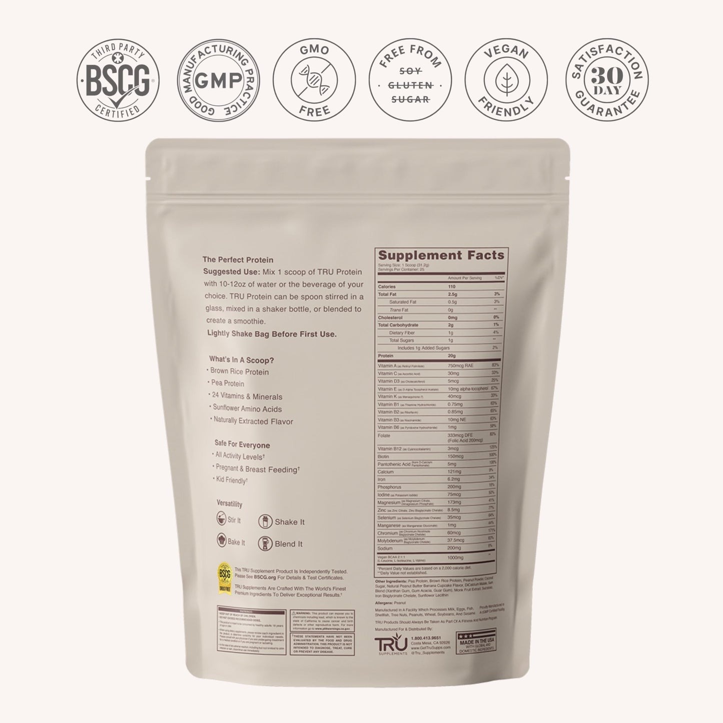 TRU Supplements Plant Based Protein Powder with Brown Rice & Pea Protein, 26.4 oz