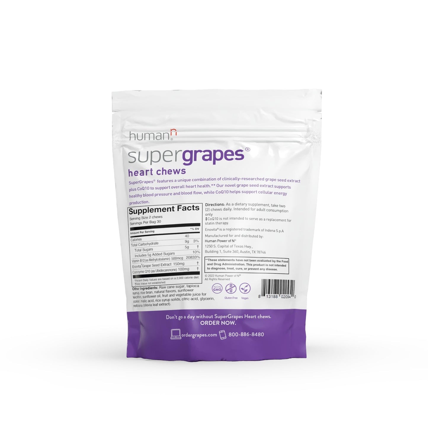 HumanN SuperGrapes Chews Supplement 100mg CoQ10 and Grape Seed Extract Gummy 60 Count