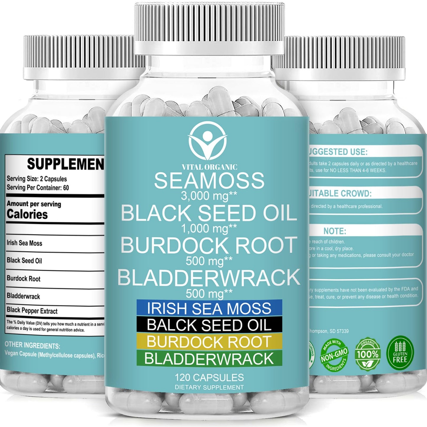 VitalOrganic Organic Sea Moss, 120 Capsules