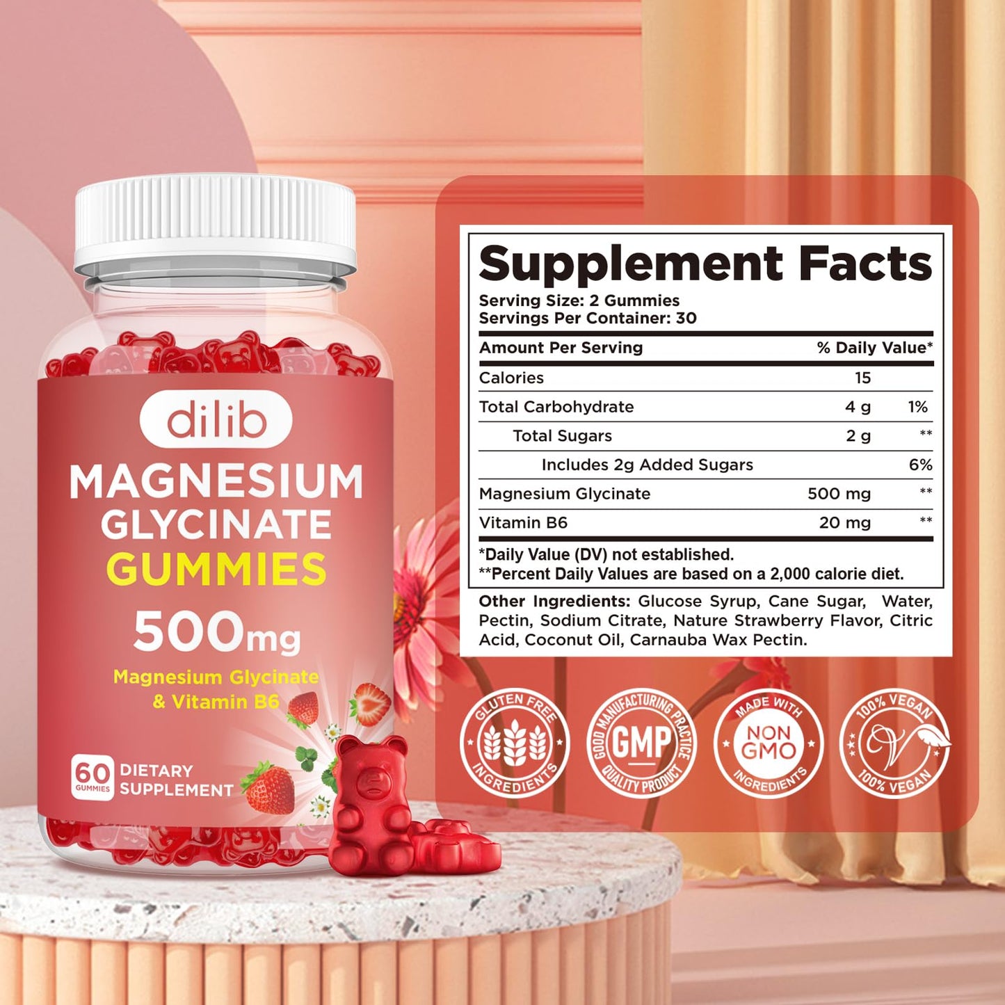 dilib Magnesium Glycinate Gummies 500mg with Vitamin B6, Strawberry Flavor, 120 Gummies