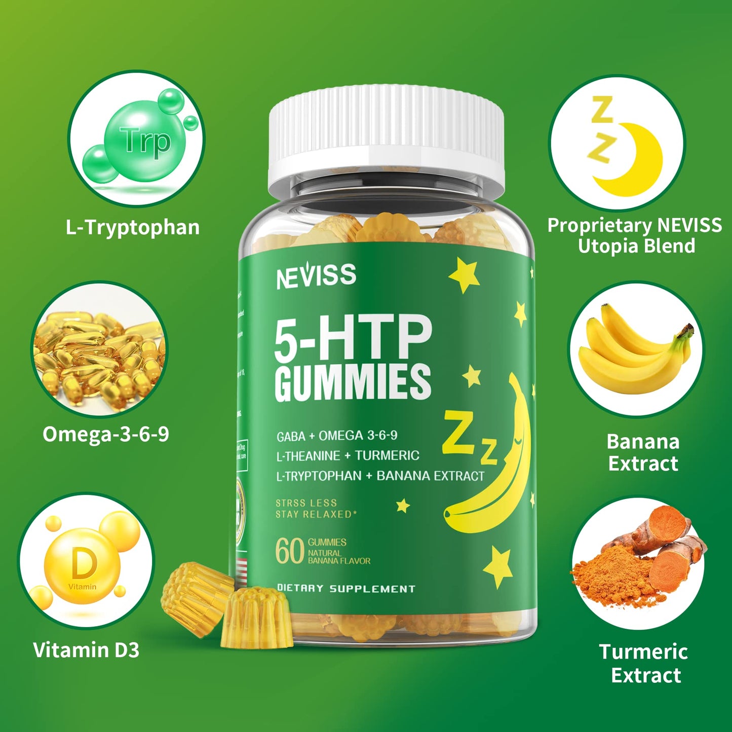 NEVISS 5-HTP 400mg Gummies + GABA - Melatonin Free, 60 Gummies